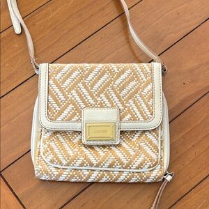 Nine West White & Tan Woven Crossbody Bag with Gold Plaque